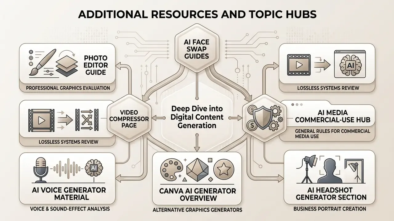 Central hub connecting various guides on digital content generation, graphics, video, and AI tools