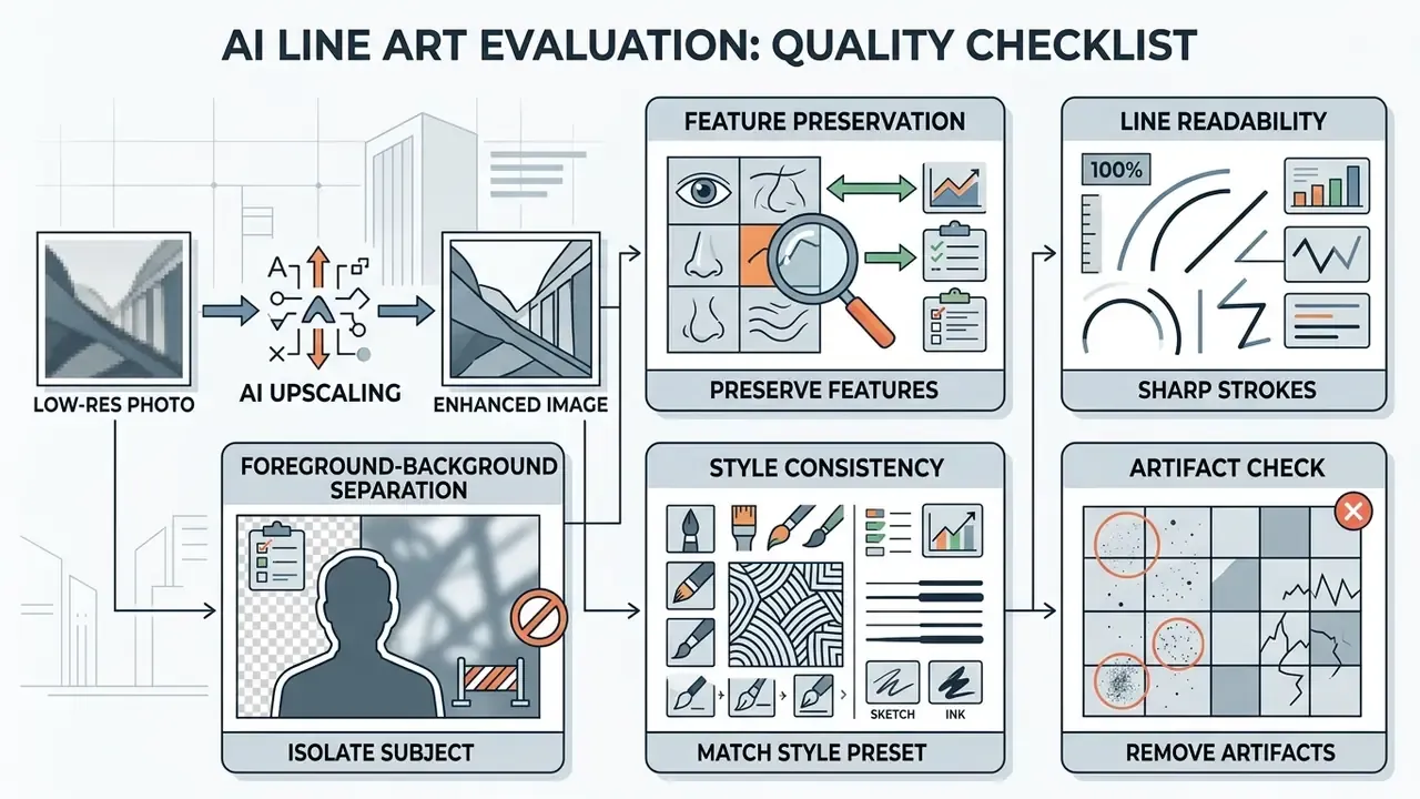 Flowchart outlining quality criteria for image enhancement including feature, style, and artifact checks
