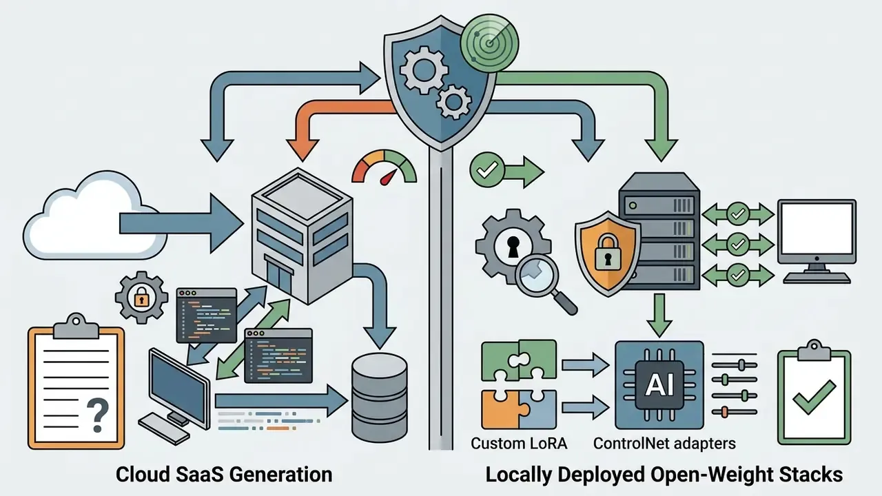 Diagram contrasting cloud SaaS generation workflows with locally deployed open-weight model stacks