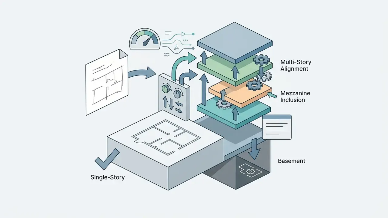 Control panel managing floor levels including single-story, multi-story alignment, mezzanine, and basement