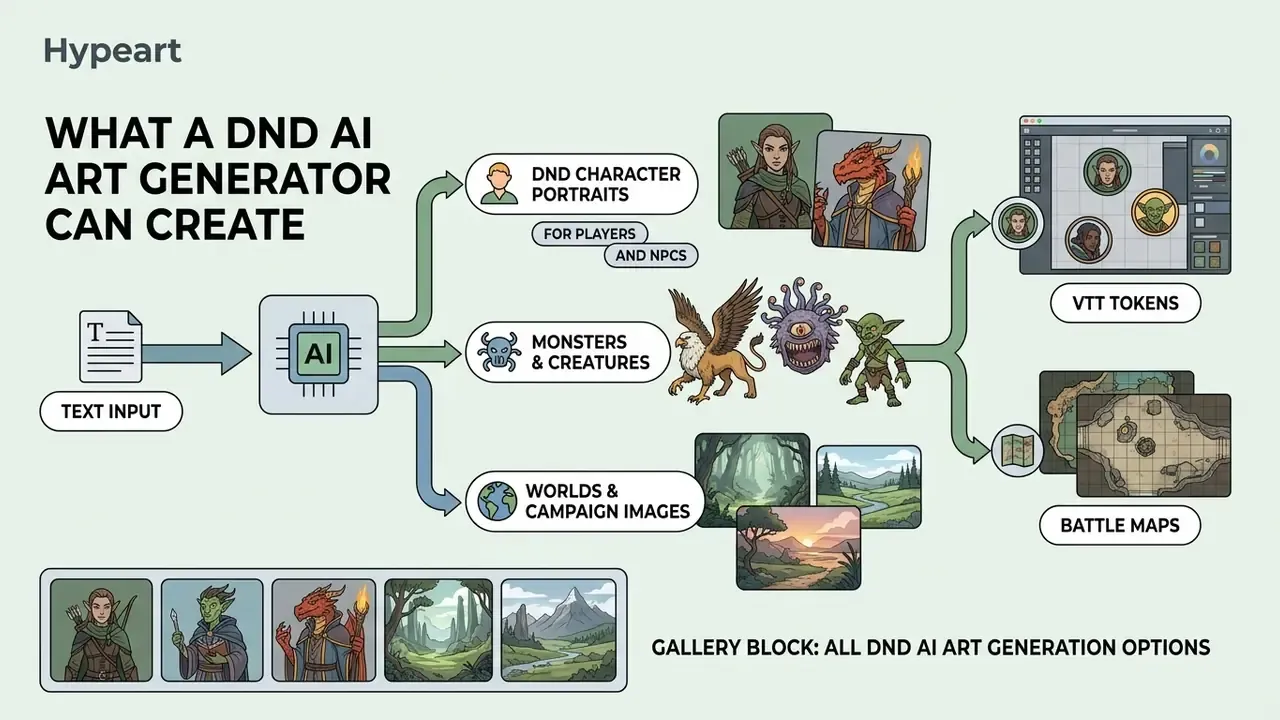 Flowchart showing how a DnD AI art generator converts text prompts into character portraits, monsters, and maps
