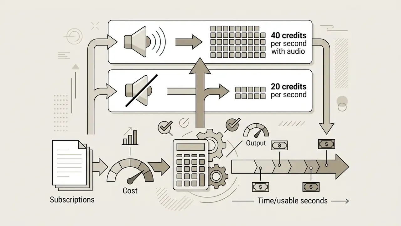 Diagram showing how subscription costs and credit usage determine the price per usable AI video second