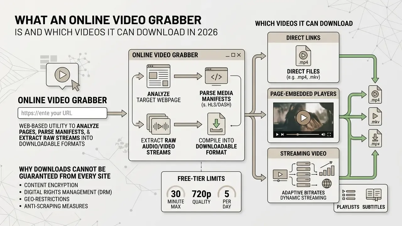 Flowchart illustrating how an online video grabber extracts media from various web sources