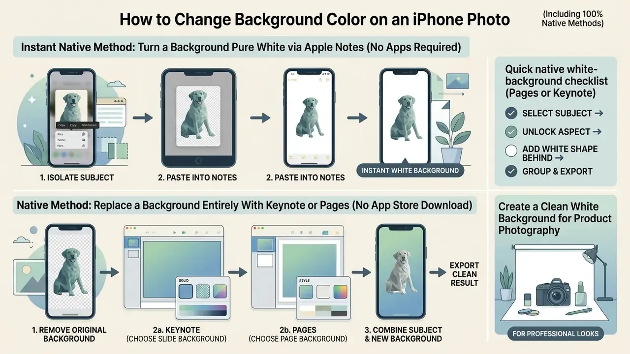 Summary of native iPhone methods for changing photo backgrounds using Apple Notes, Keynote, and Pages apps