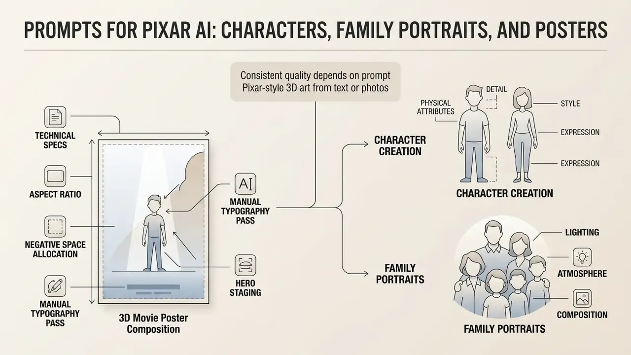 Summary chart detailing composition, character design, and family portrait elements for 3D stylized graphics