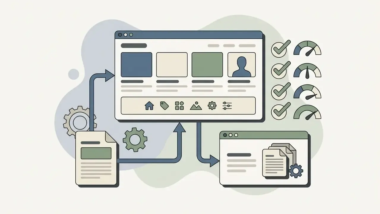 Website interface connected to content templates and performance gauges for a personal blog