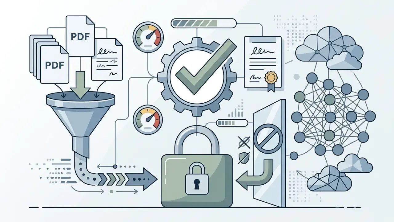 Documents passing through a funnel into a secure lock mechanism to prevent data from entering a neural network