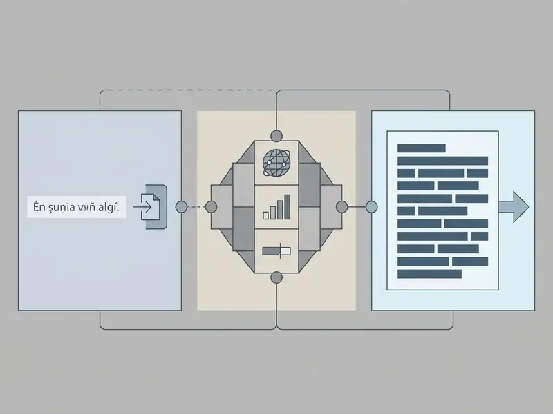 Diagram showing text input processing through a central engine to produce a formatted English output