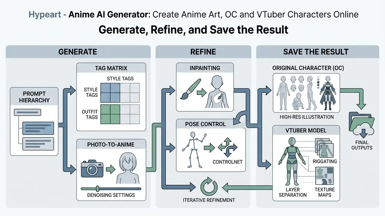 Flowchart illustrating the sequence of generating, refining, and saving digital anime character assets