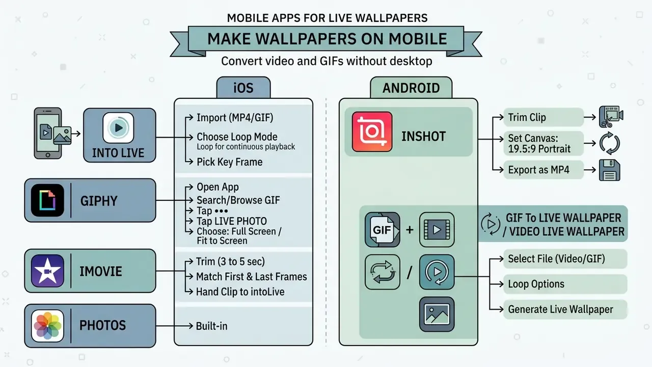 Comparison of mobile app workflows for iOS and Android to create a live wallpaper from video or GIF files