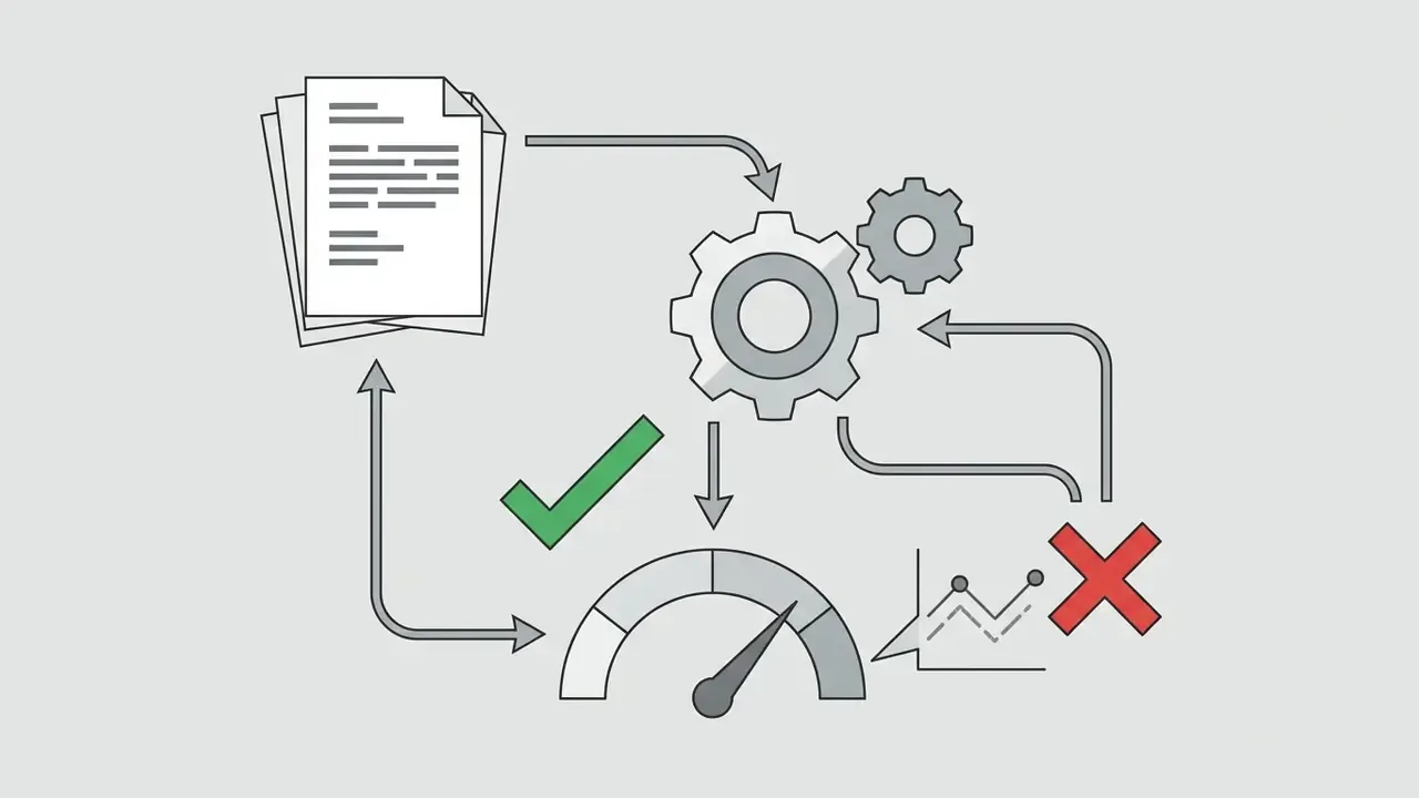 Paper stack cycling through gears to a gauge and a chart with checkmark and cross symbols