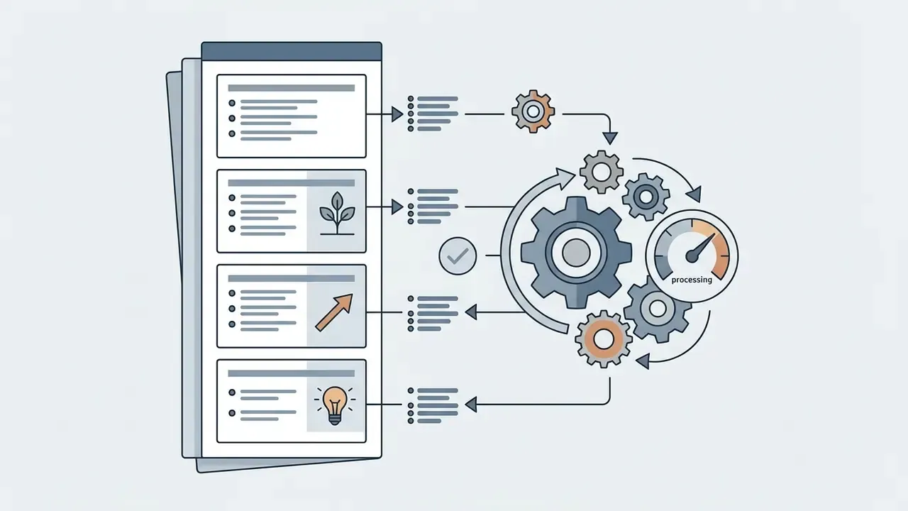 Presentation slides with bullet points connected to a gear system that processes content into graphics