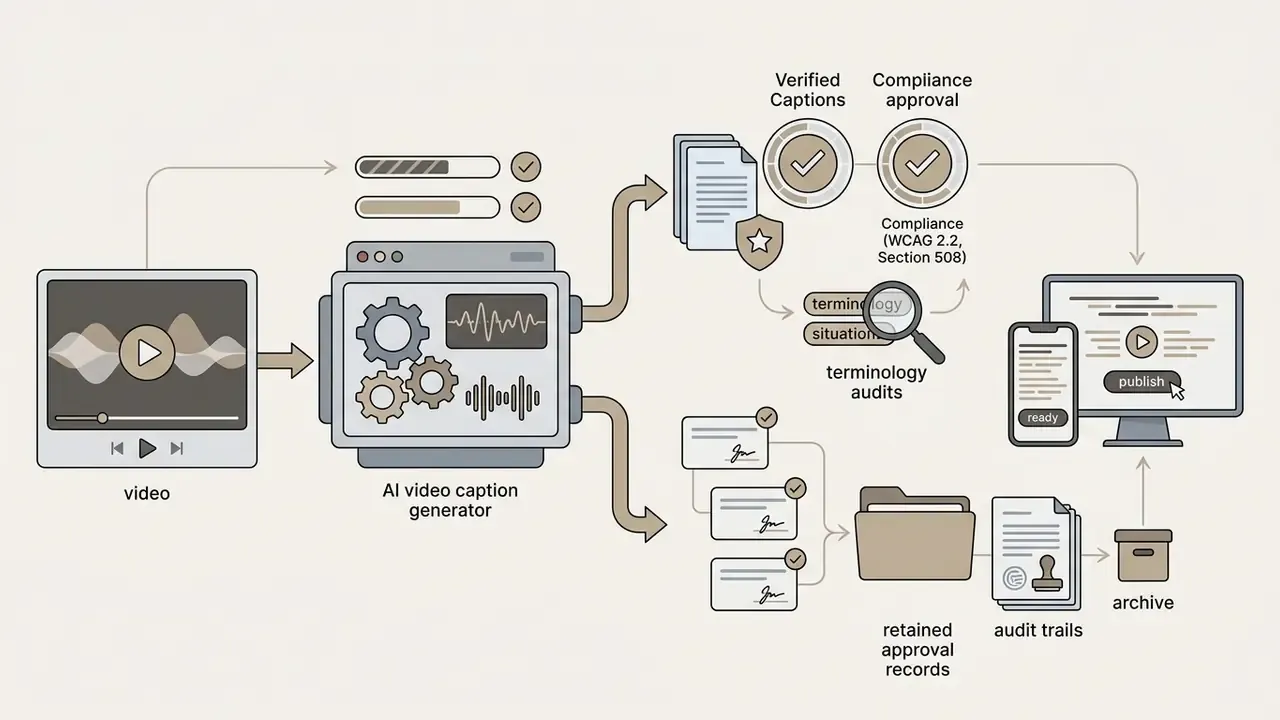 Workflow showing video input processed for compliance approval, terminology audits, and archival storage