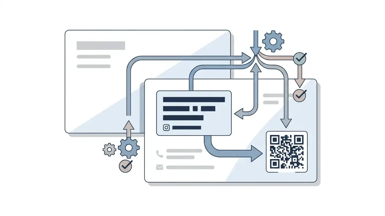 Arrows connecting gear mechanisms to text blocks and a QR code on a business card layout