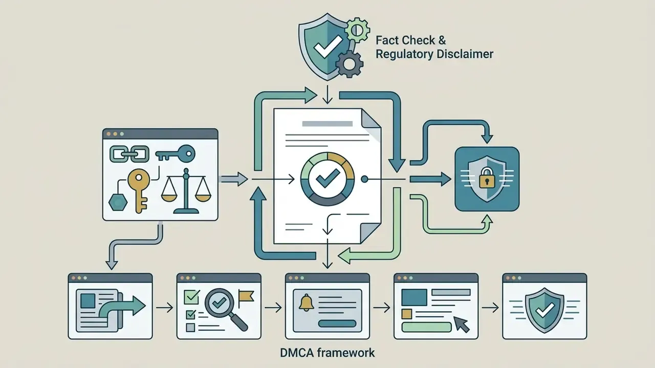 Systematic flow of legal documentation and security icons representing the DMCA framework process