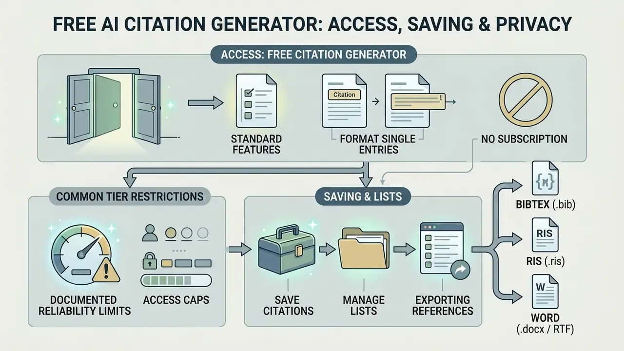 Flowchart showing access, subscription-free usage, reliability limits, and reference export options