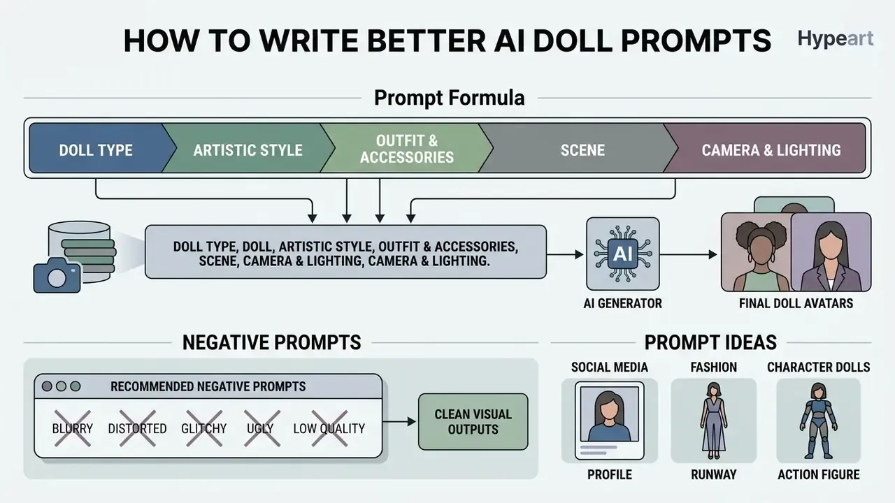 Flowchart detailing prompt components, negative prompt usage, and creative ideas for doll design