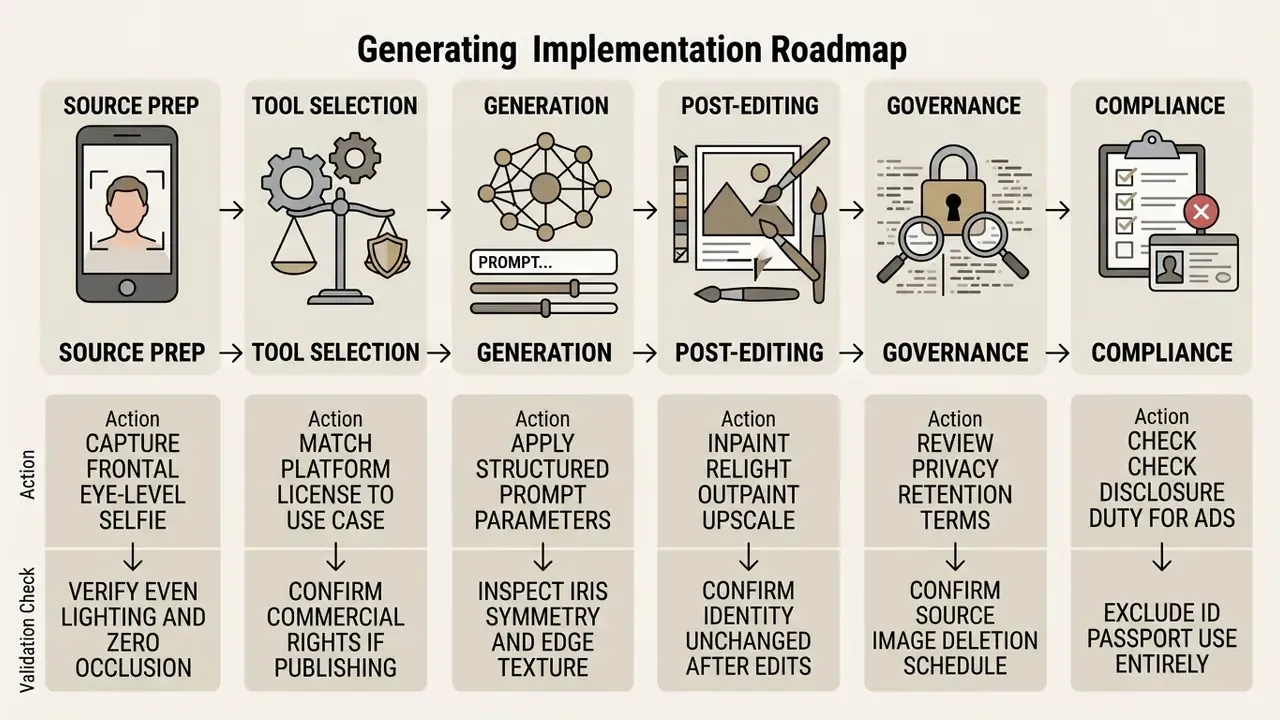 Six-stage roadmap outlining the workflow and validation checks for an AI portrait generator