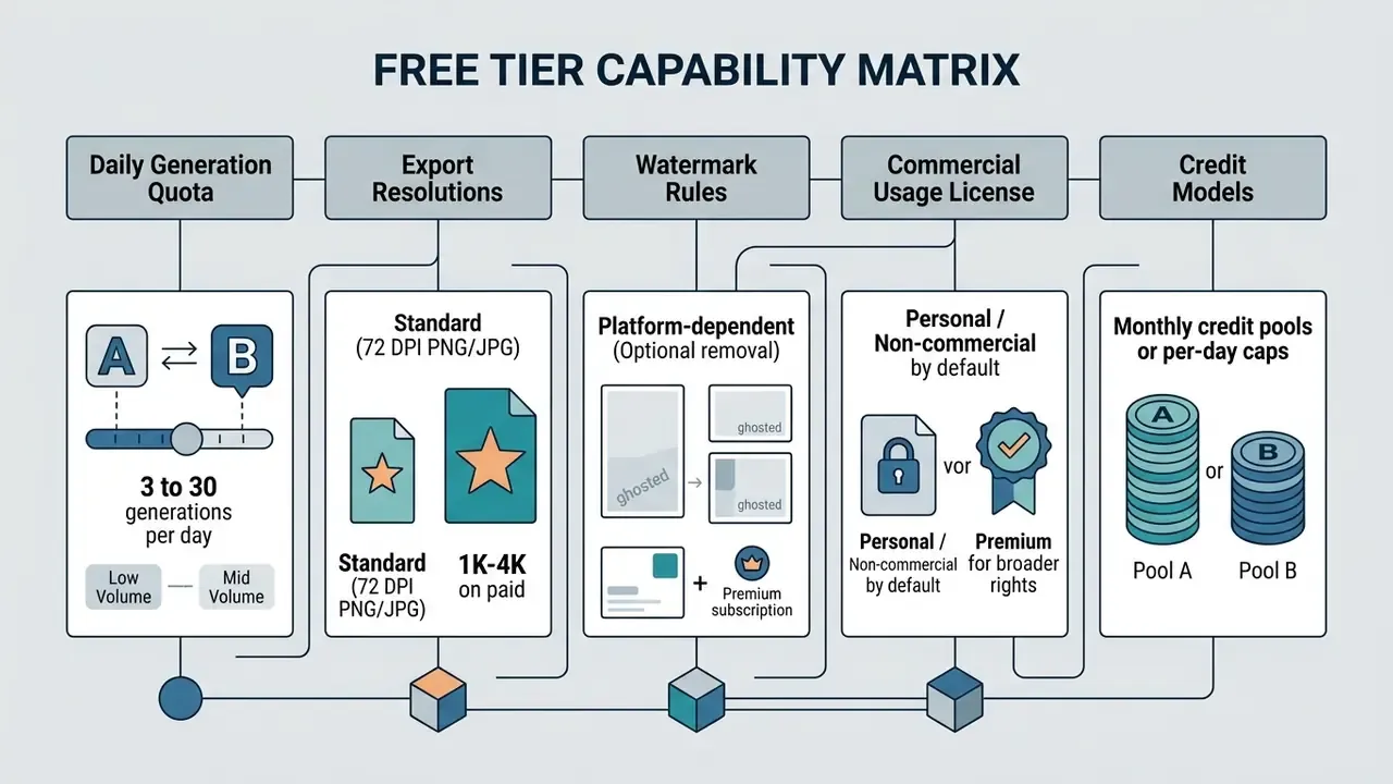 Flowchart outlining free tier capabilities for an AI YouTube banner creator including usage limits
