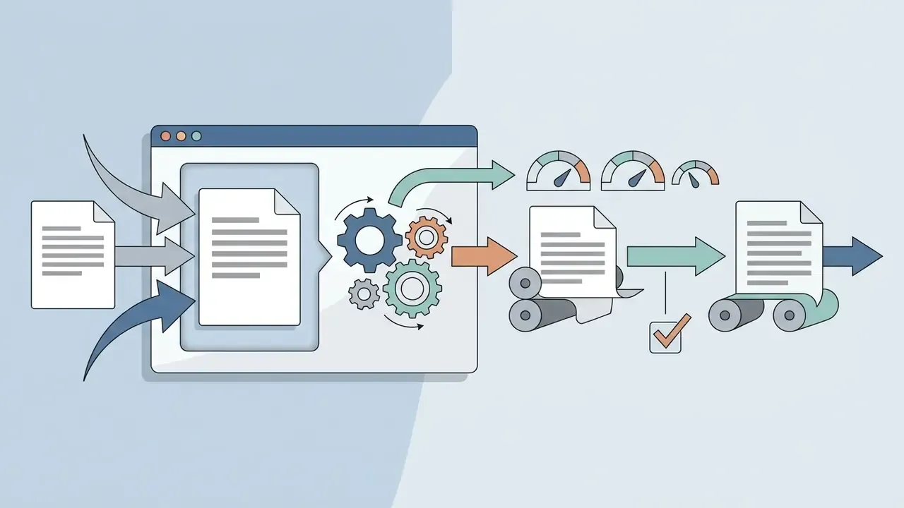 Diagram showing text documents flowing into a digital interface with gears for processing and output
