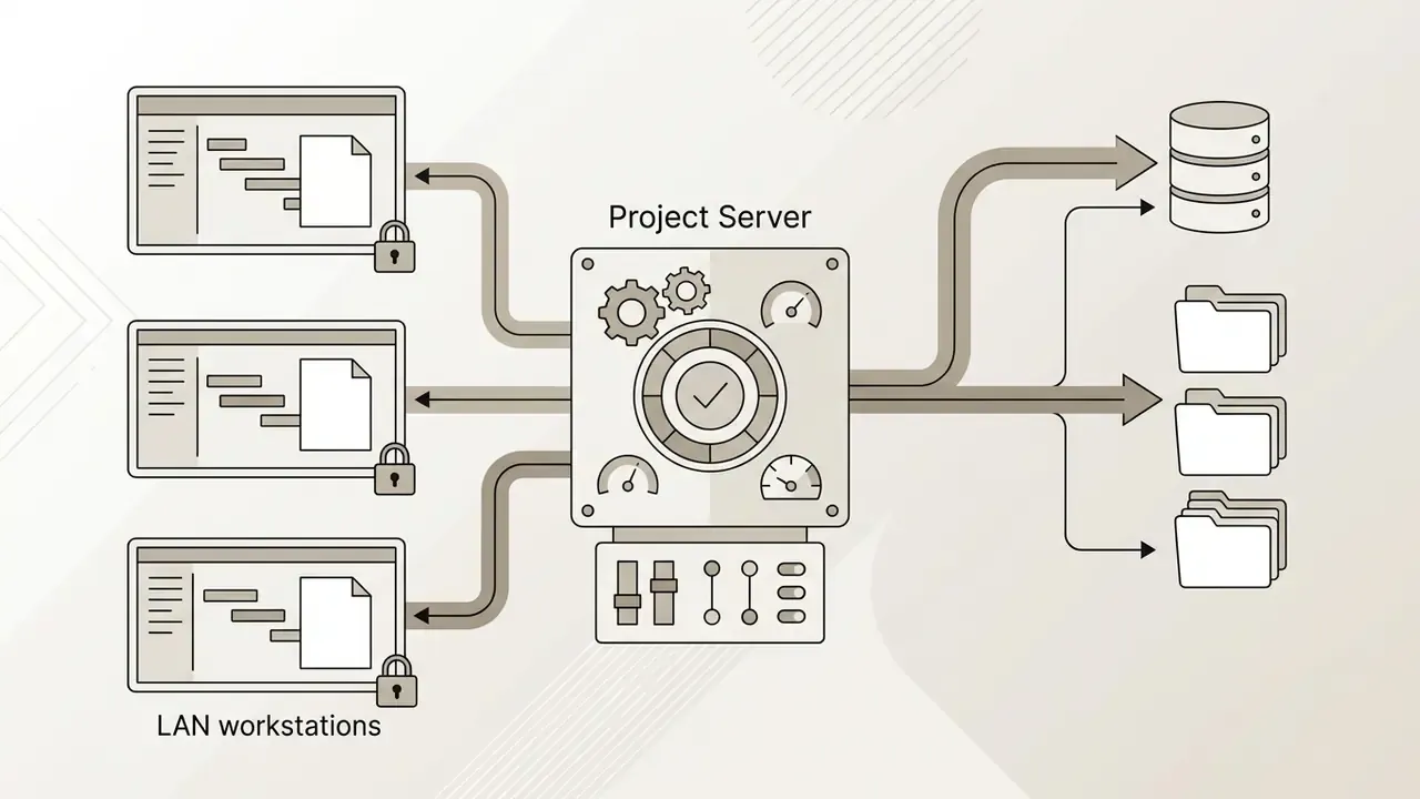 Project Server connecting multiple LAN workstations to shared databases and file folders