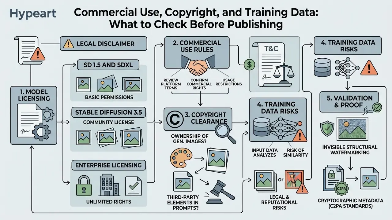 Flowchart detailing legal, licensing, and copyright considerations for publishing Stable Diffusion images