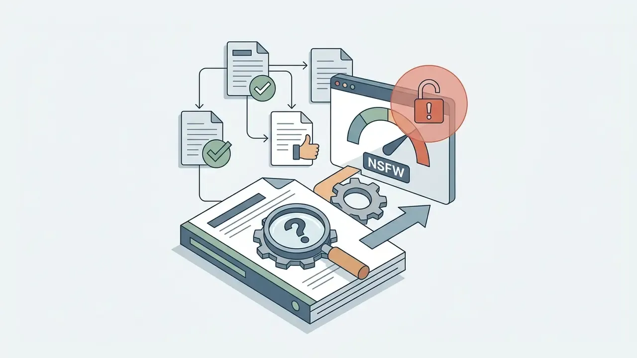 Magnifying glass and documents flowing toward an unlocked gauge labeled NSFW for content moderation