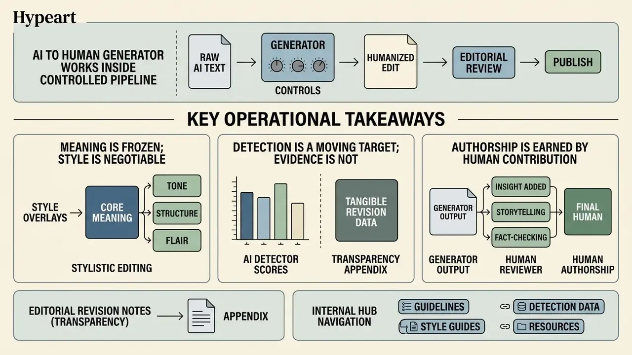 Infographic summarizing stylistic editing, detection evidence, and human contribution in content workflows