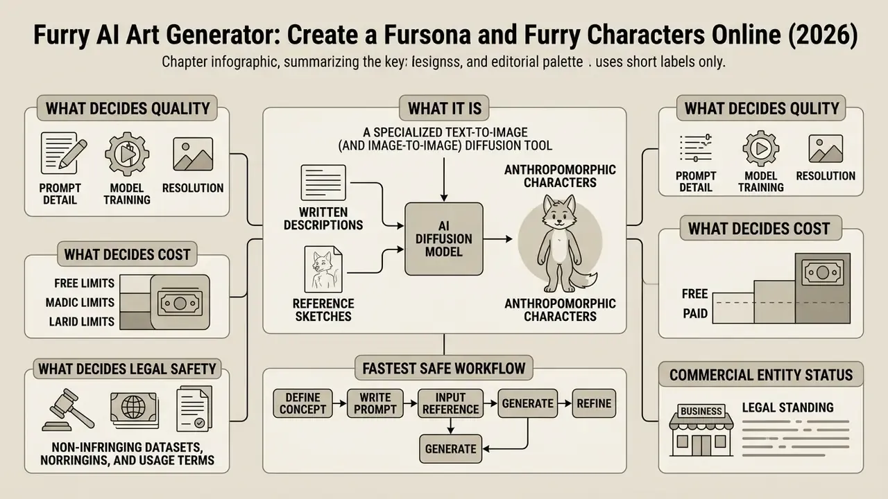 Infographic diagram explaining the workflow and factors of a furry AI art generator for creating characters