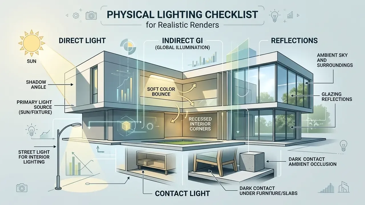Infographic showing architectural lighting principles including direct light, global illumination, and shadows
