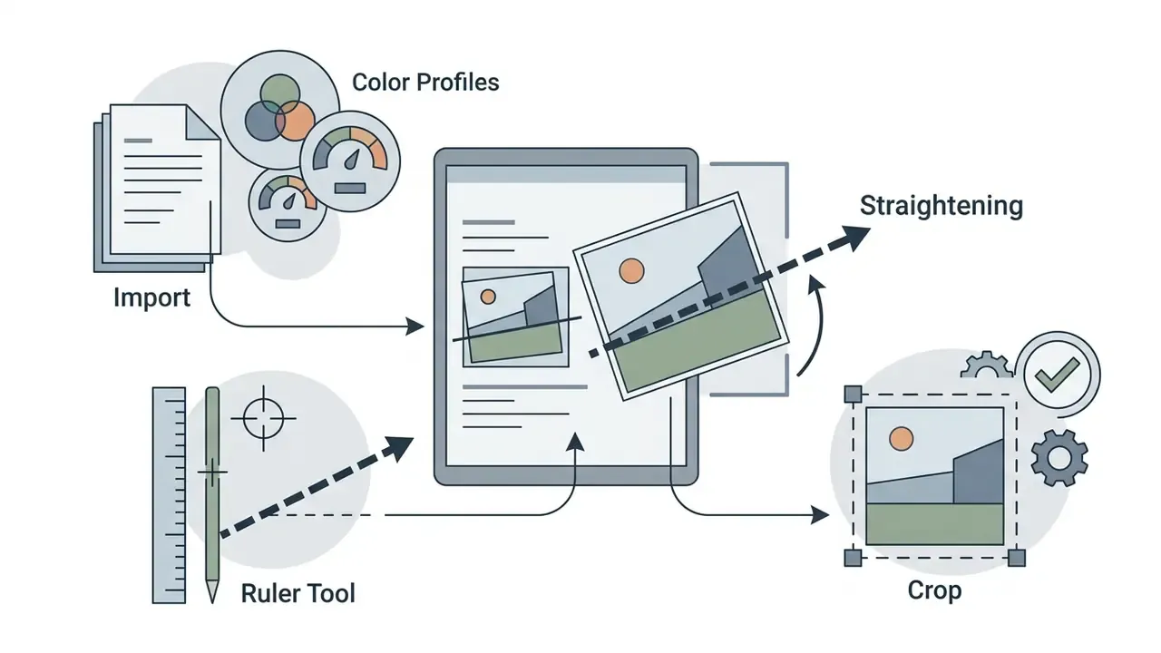 Icons representing file import, color profiles, ruler tool adjustments, and final image cropping