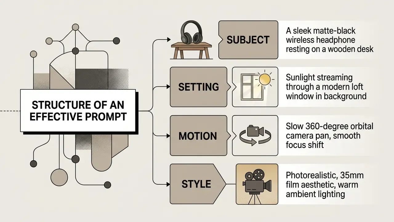 Diagram breaking down prompt components including subject, setting, motion, and style for AI video generation