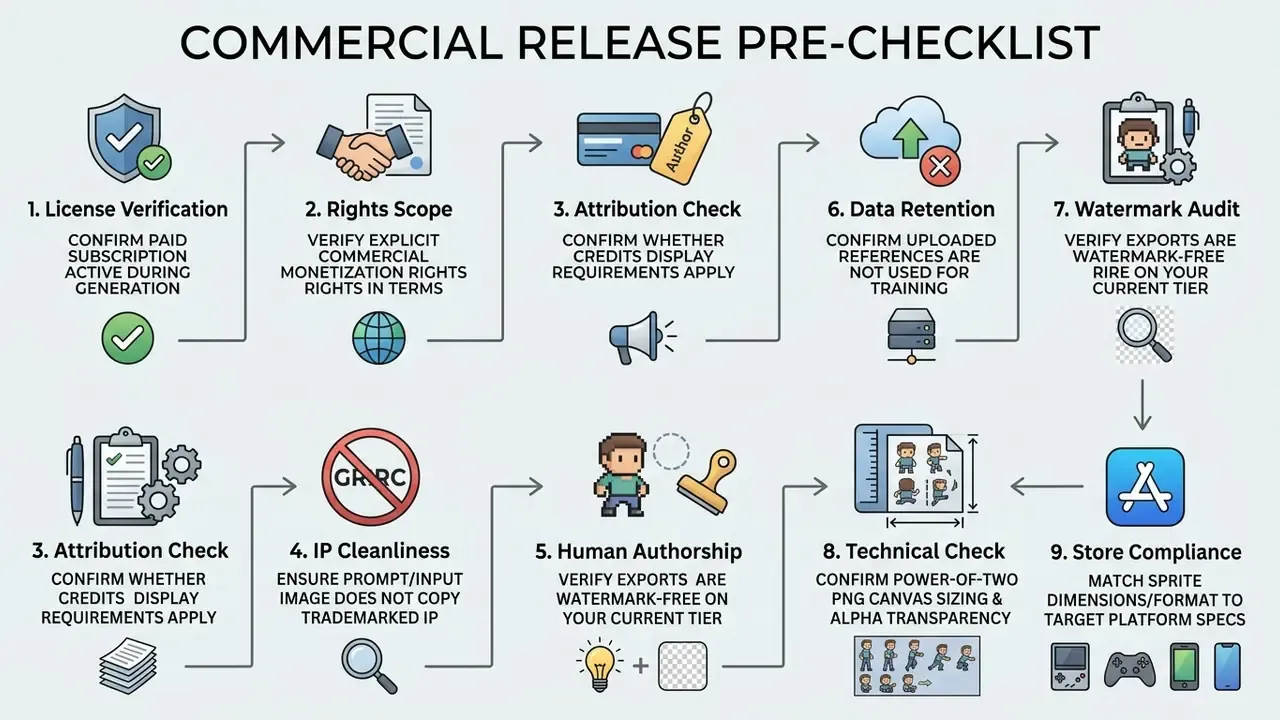 Checklist of nine sequential steps for verifying commercial game asset releases with icons and text labels
