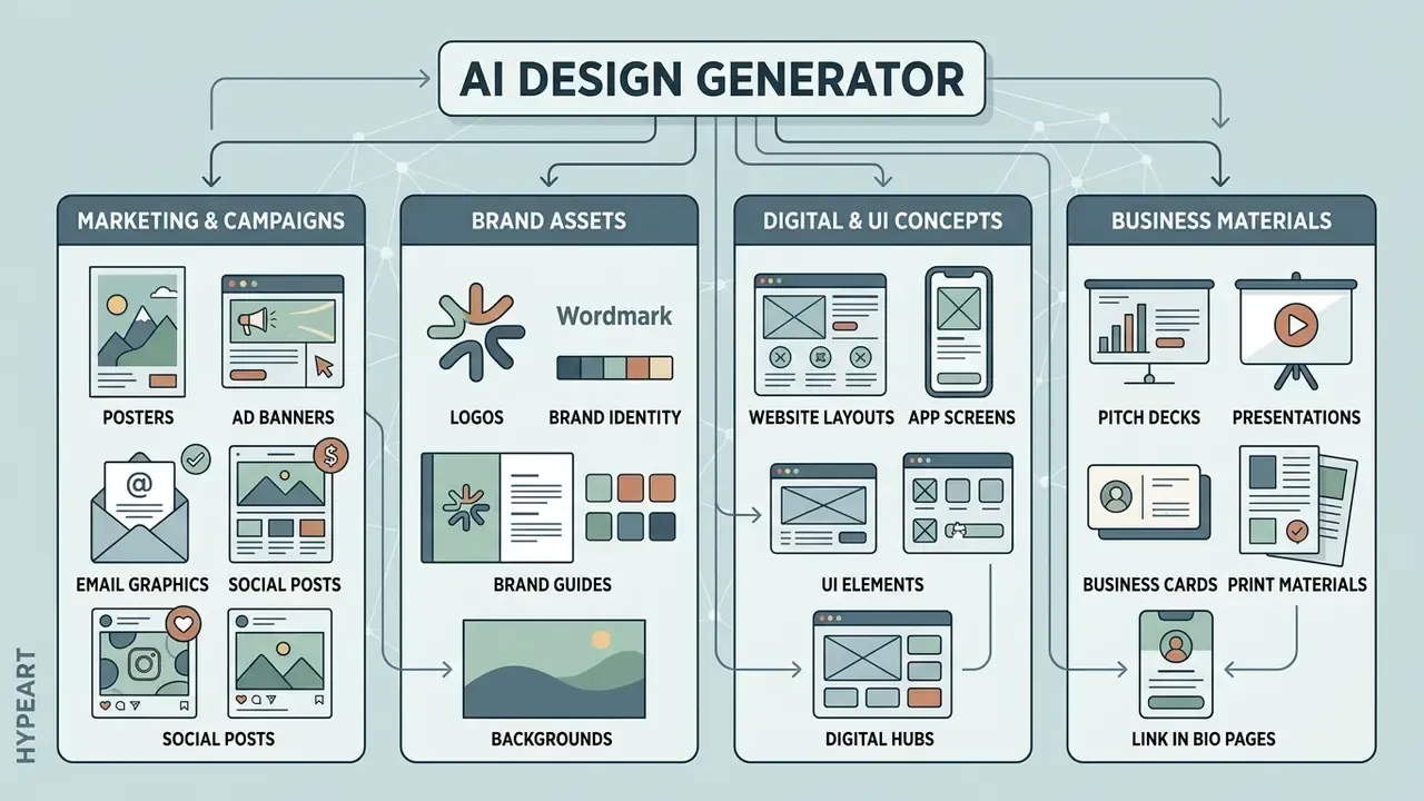 Infographic showing how an AI design generator creates marketing, branding, UI, and business assets