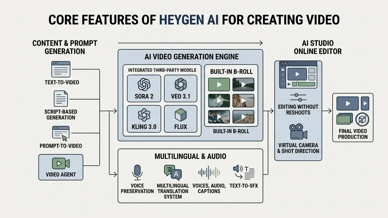System architecture overview of HeyGen AI showing prompt generation, video engines, and audio tools
