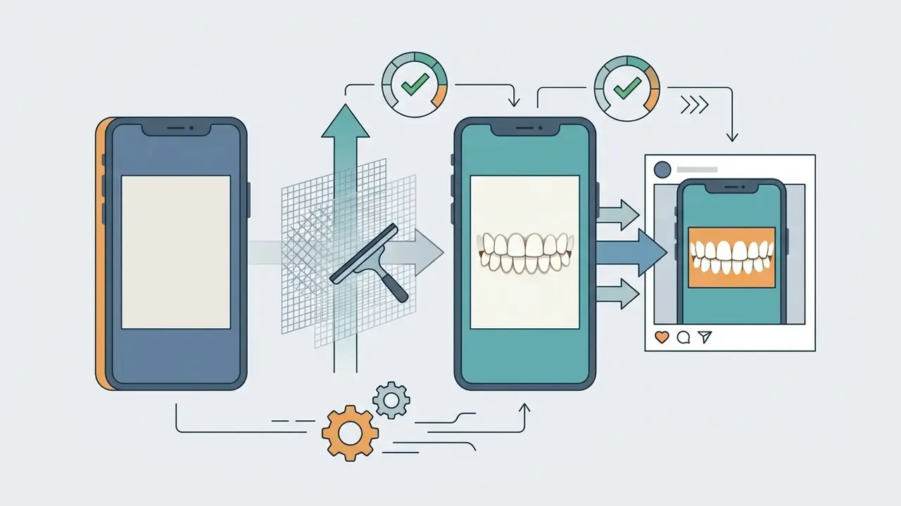 Mobile workflow showing a squeegee tool cleaning a smile before posting to a social media feed