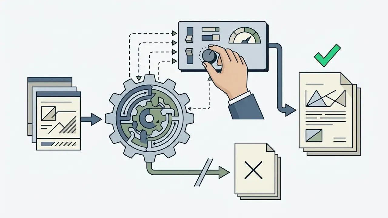 Hand adjusting a control panel that filters input files into approved documents or rejected outputs