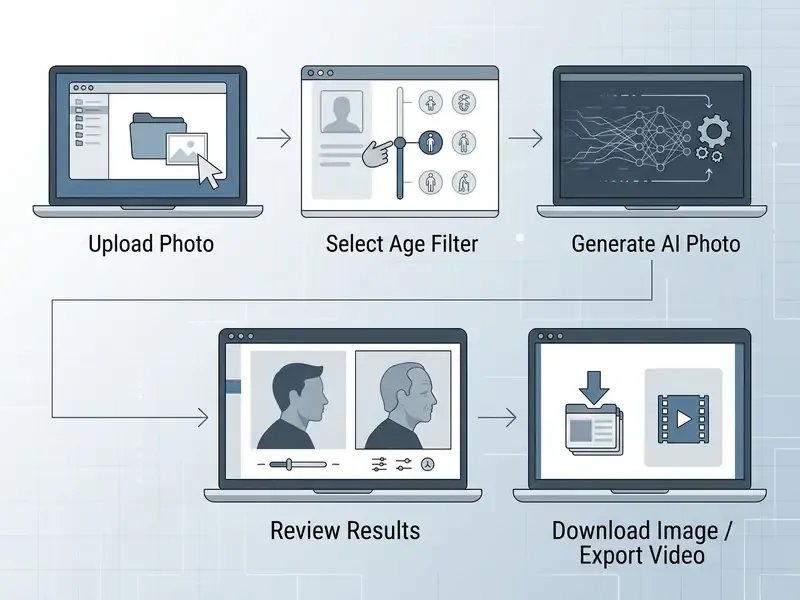 Flowchart showing steps to upload, filter, generate, review, and export files in an age progression app