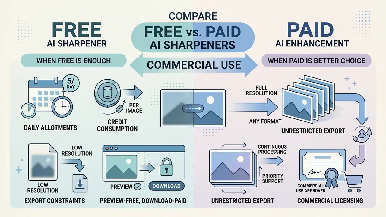 Infographic comparing features and limitations of free versus paid software for enhancing image quality
