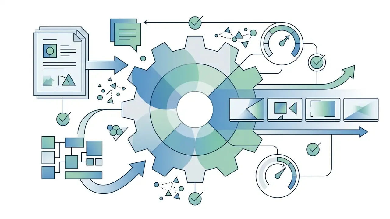 Central gear mechanism processing documents and graphic elements into various video frame formats