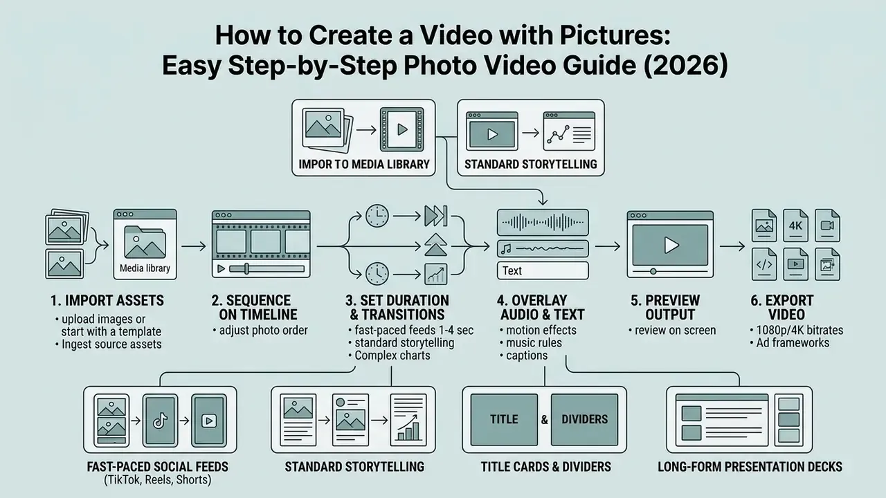 Six-stage workflow diagram showing how to create a video with pictures from asset import to final export