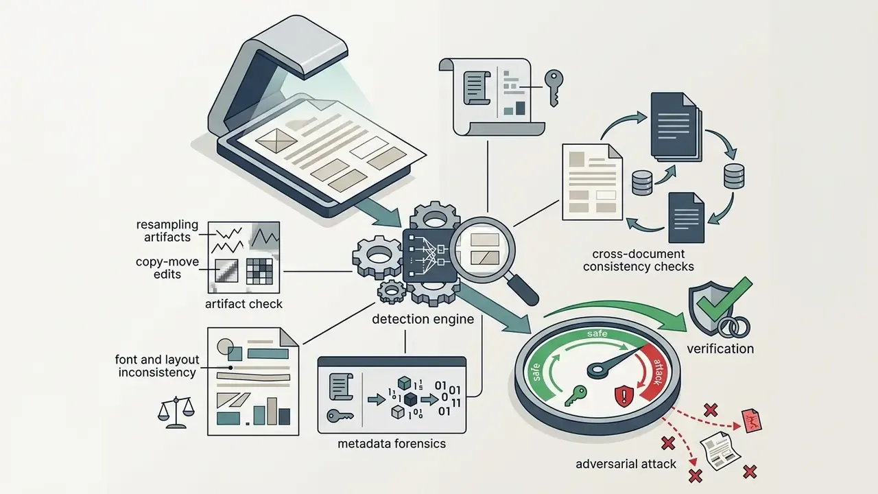 Scanner and detection engine analyzing documents for tampering through artifacts and metadata forensics