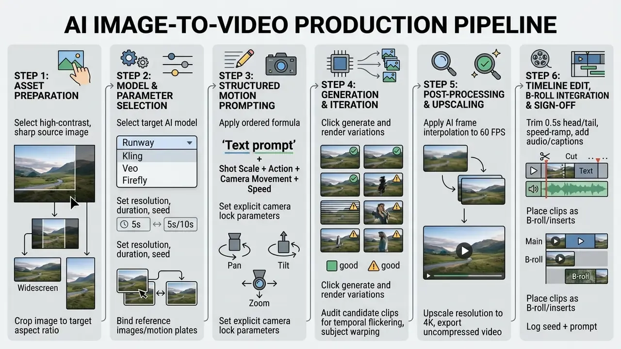 Six step workflow diagram showing the production pipeline for transforming static images into AI video