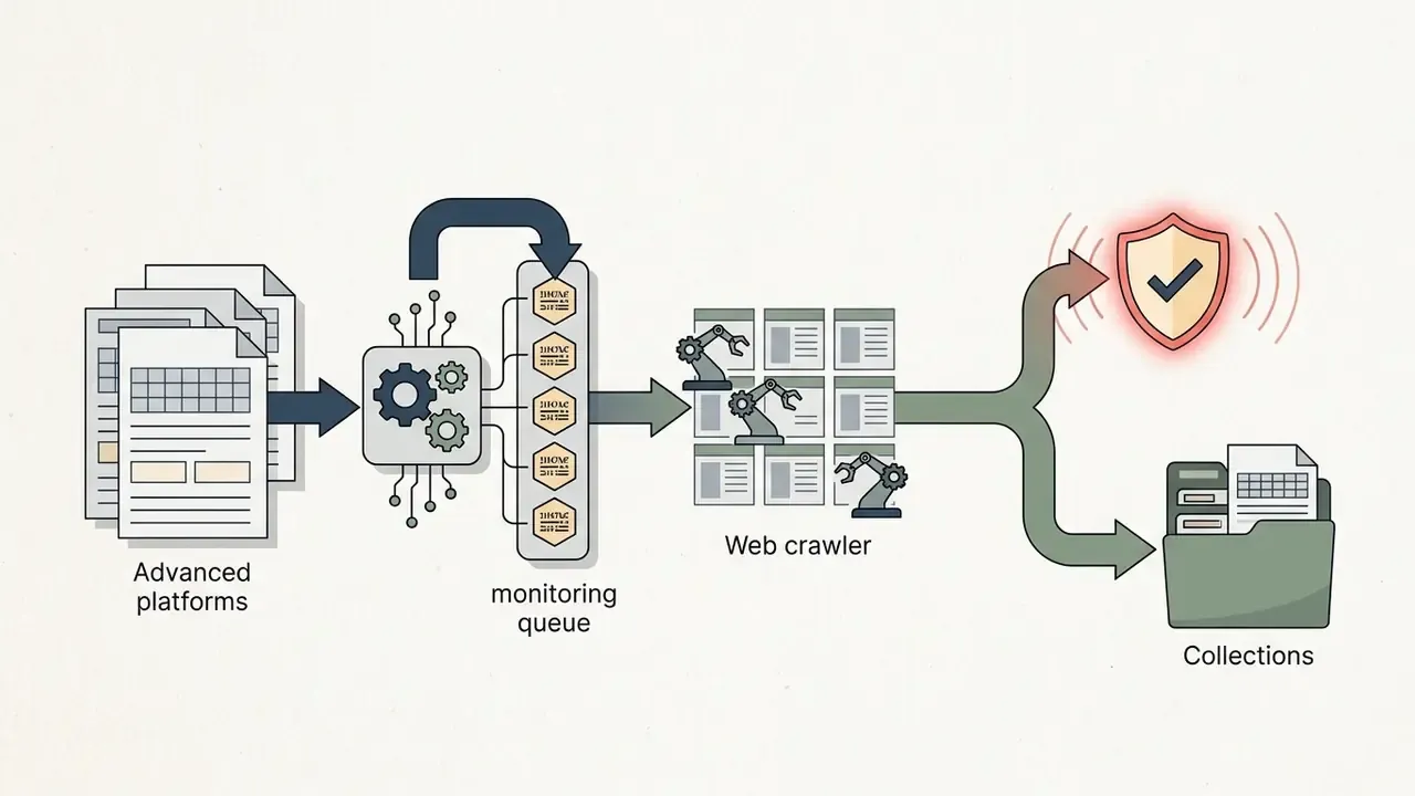 Process flow showing data moving from platforms to a monitoring queue, web crawlers, alerts, and storage