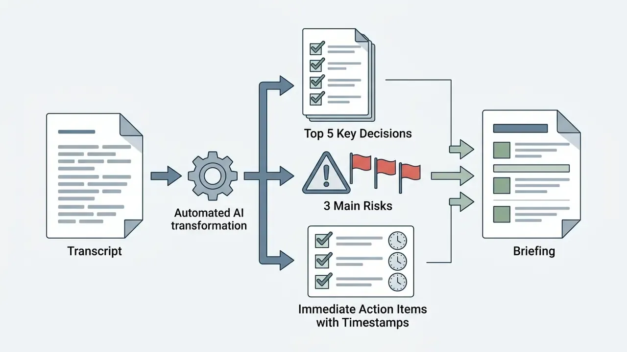 Process of using AI to transform a video transcript into an executive briefing with key decisions and risks