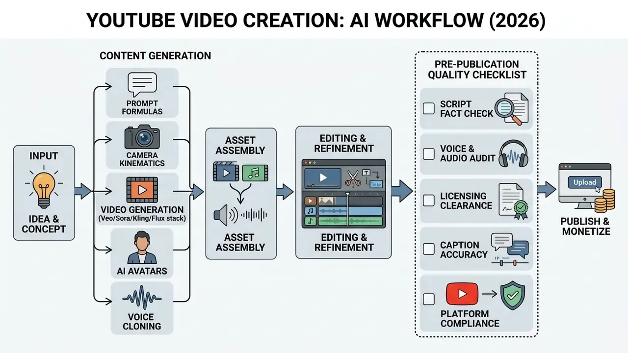 Checklist showing quality assurance steps for finalizing AI generated YouTube video content