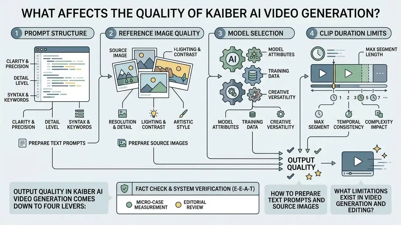 Infographic showing four key factors influencing Kaiber AI video output quality and verification steps