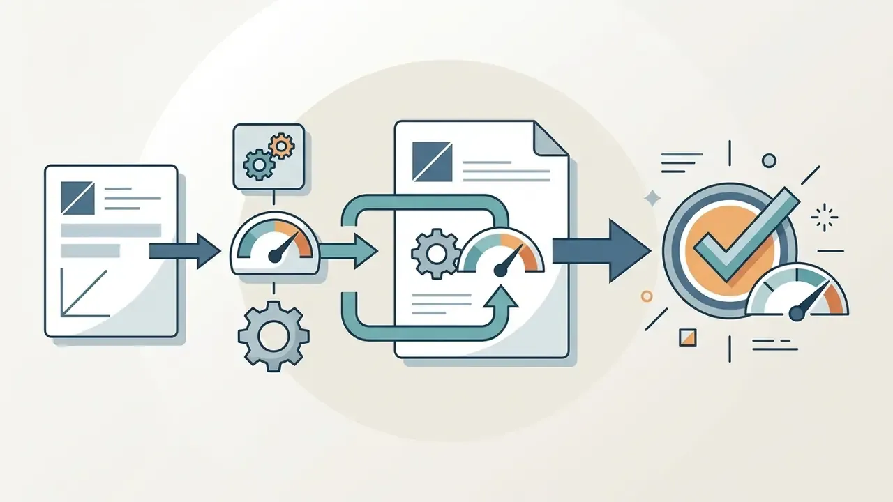 Document being processed through iterative feedback loops and gauges to reach a final verified solution