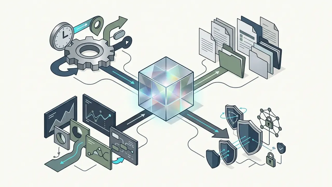 Central glowing cube connecting to icons of gears, documents, data charts, and security shields