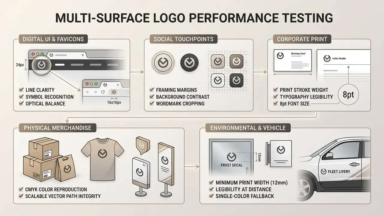 Diagram showing logo performance testing across digital, print, merchandise, and vehicle surfaces